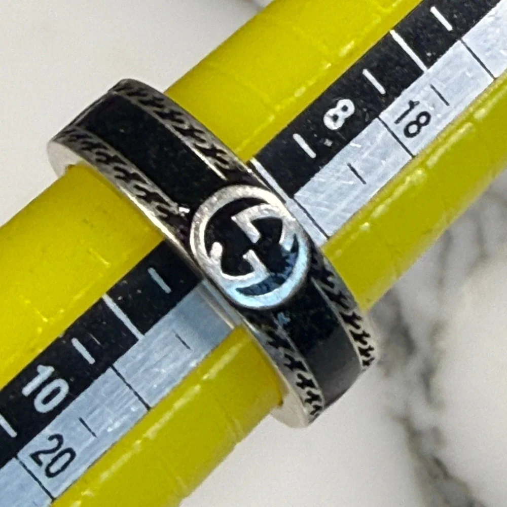 Gucci Interlocking GG 745573 Black Resin Sterling Silver 925 Ring Size 20 US 9